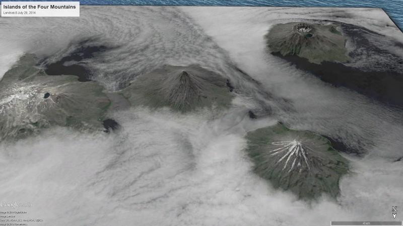 Perspective view of Landsat-8 visible satellite image data collected on July 29, 2014 showing the Islands of the Four Mountains in the Aleutian Islands. View is from the north. Frequently active Cleveland Volcano is in the center of the image, Herbert volcano is in the upper right, and Carlisle volcano is in the lower right.