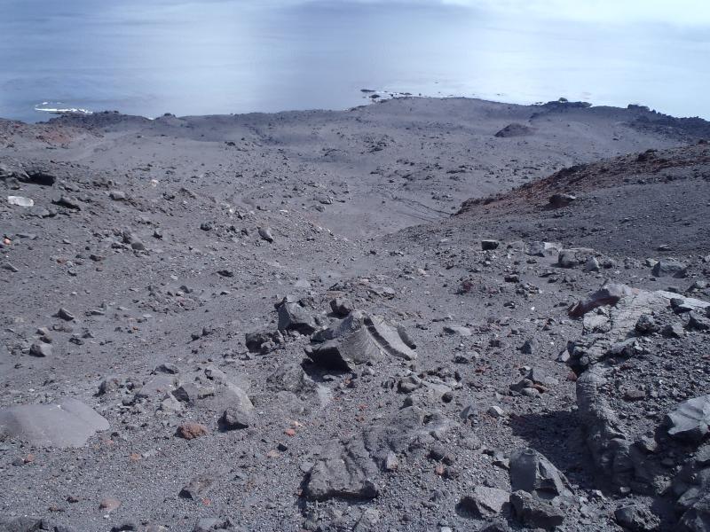 Looking down the southeast flank of Cleveland volcano at the debris fan from a recent (2008?) block and ash flow.  Photo taken during the 2014 field season of the Islands of Four Mountains multidisciplinary project, work funded by the National Science Foundation, the USGS/AVO, and the Keck Geology Consortium.