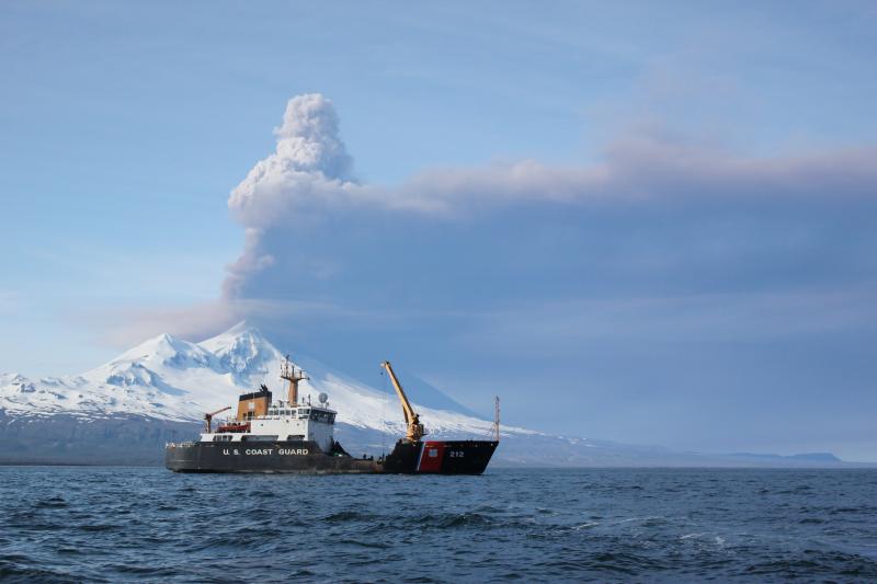 Pavlof in eruption, June 2, 2014. Photo courtesy of William Yi, United States Coast Guard.