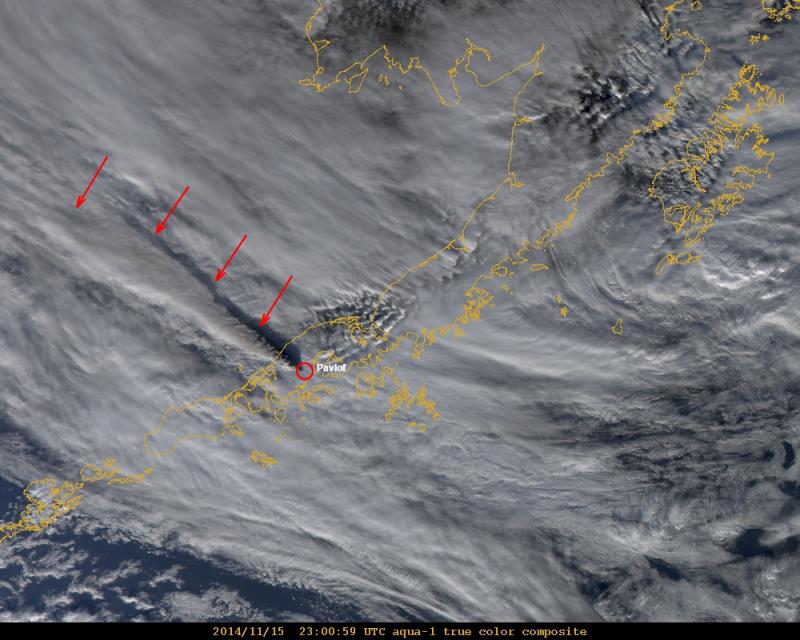 MODIS satellite image showing the volcanic ash cloud from the eruption of Pavlof Volcano. The cloud extends for more 250 miles from the volcano at an estimate height of at least 35,000 ft above sea level.