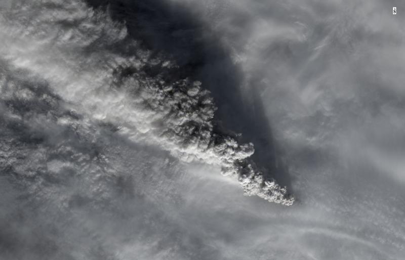 Satellite image from the USGS/NASA Landsat-8 satellite showing the eruption cloud at Pavlof Volcano on November 15 at 12:46 pm AKST (21:46 UTC). This is just a portion of the eruption cloud, which extended for more than 250 miles to the northwest at the time this image was collected. In this image, the distance from the erupting vent to the upper left corner of the image is 45 miles (70 km). The shadow of the eruption cloud on the underlying meteorological clouds can be seen in this image. Pilots reported the height of the cloud at 35,000 ft (10.7 km) above sea level.