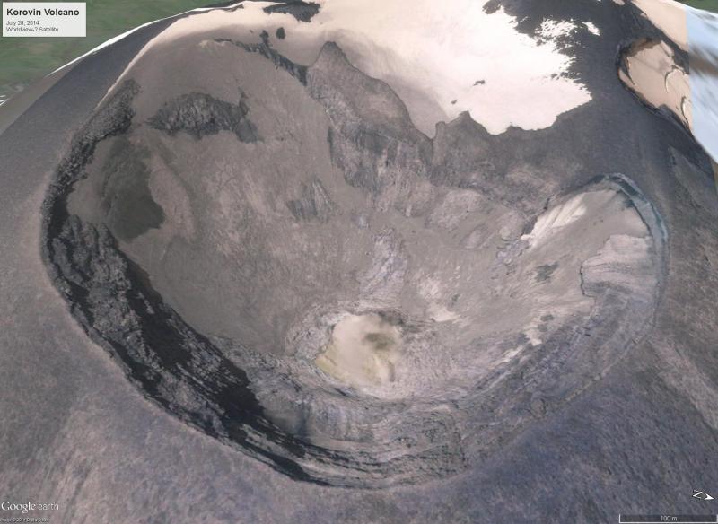 Worldview-2 satellite image of the summit crater of Korovin, overlain on topography in Google Earth, showing the small lake that is frequently observed. View is from the east.