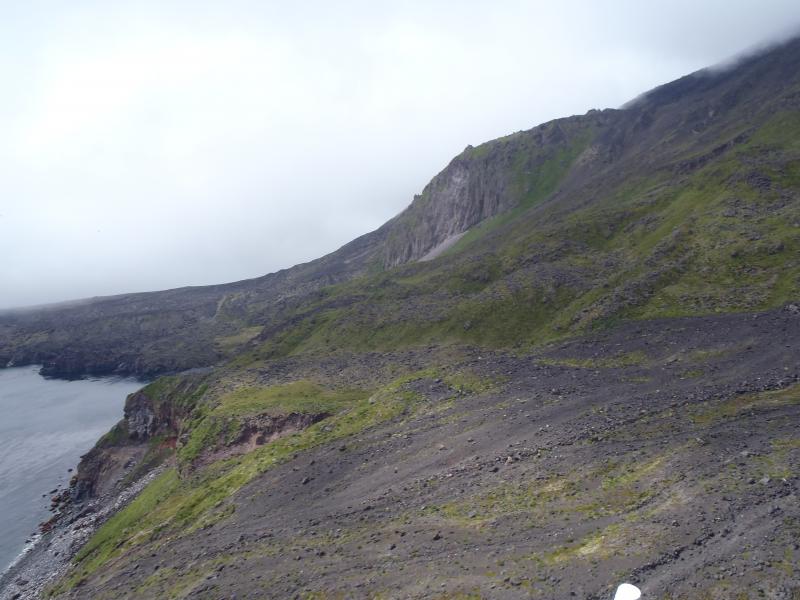 South coast Cleveland volcano. Photo taken during the 2014 field season of the Islands of Four Mountains multidisciplinary project, work funded by the National Science Foundation, the USGS/AVO, and the Keck Geology Consortium.