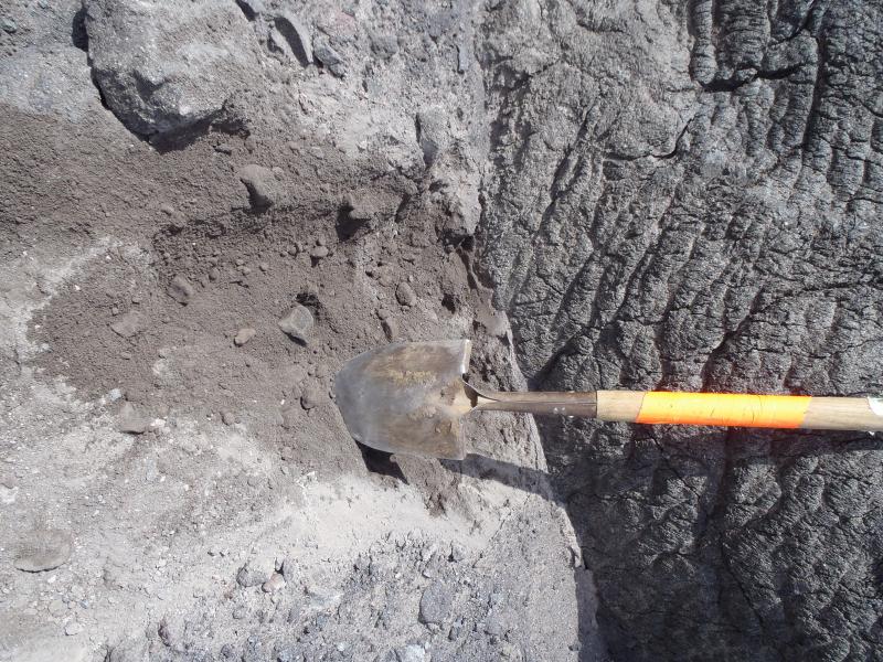 Breadcrust bomb in pyroclastic avalanche deposit southeast flank Cleveland volcano. Photo taken during the 2014 field season of the Islands of Four Mountains multidisciplinary project, work funded by the National Science Foundation, the USGS/AVO, and the Keck Geology Consortium.