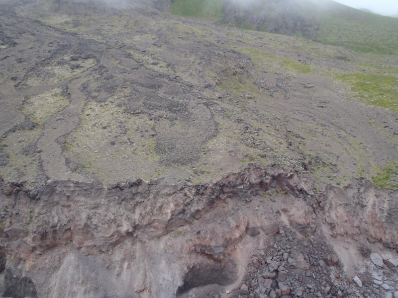 Recent eruptive deposits showing leveed flowage features. South coast, Cleveland volcano. Photo taken during the 2014 field season of the Islands of Four Mountains multidisciplinary project, work funded by the National Science Foundation, the USGS/AVO, and the Keck Geology Consortium.