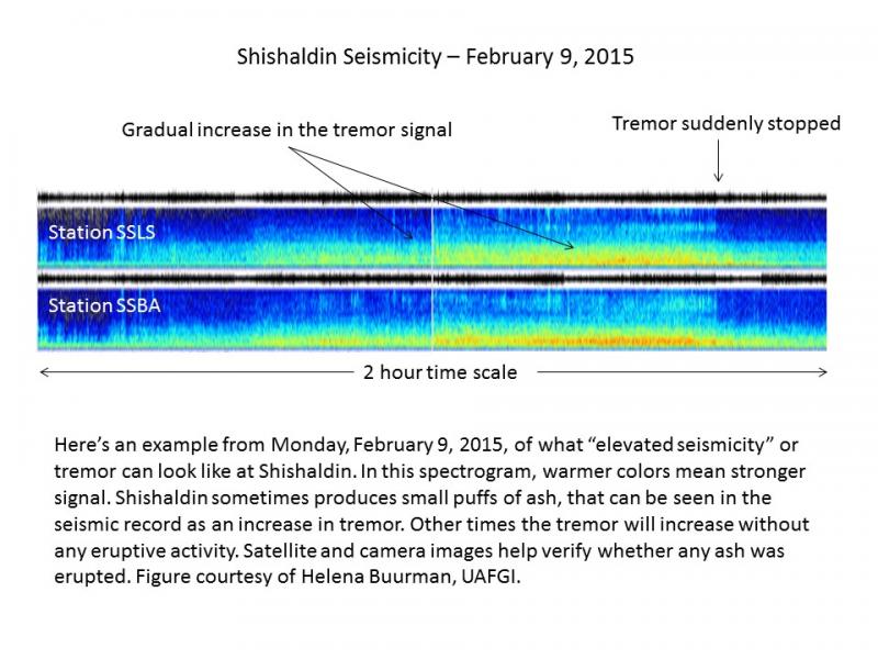 Here&rsquo;s an example from Monday, February 9, 2015, of what &ldquo;elevated seismicity&rdquo; or tremor can look like at Shishaldin. In this spectrogram, warmer colors mean stronger signal. Shishaldin sometimes produces small puffs of ash, that can be seen in the seismic record as an increase in tremor. Other times the tremor will increase without any eruptive activity. Satellite and camera images help verify whether any ash was erupted. Figure courtesy of Helena Buurman, UAFGI.
