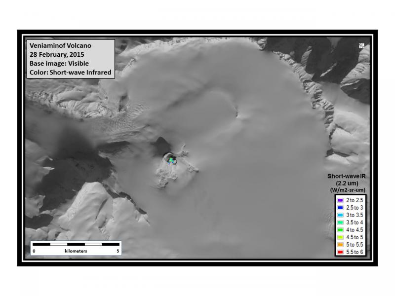 Composite Landsat-8 image of Veniaminof Volcano collected on February 28, 2015. The grey scale base image is from the 15-meter-resolution &quot;Panchromatic&quot; band that records visible light. Superimposed onto it (in color) are short-wave infrared data that are sensitive to high temperatures. These data show high surface temperatures, expressed as radiance values (a measure or thermal emission), confined to the summit crater of the intracaldera cone. These areas of elevated surface temperatures are typical for Veniaminof during non-eruptive periods. The surface expression of the lava flows produced during the 2013 eruption are seen as depressions in the snow cover on the south and east sides of the cone. A faint shadow from steam emissions can be seen over the summit icefield to the southeast of the cone, although the emissions themselves are not readily visible.