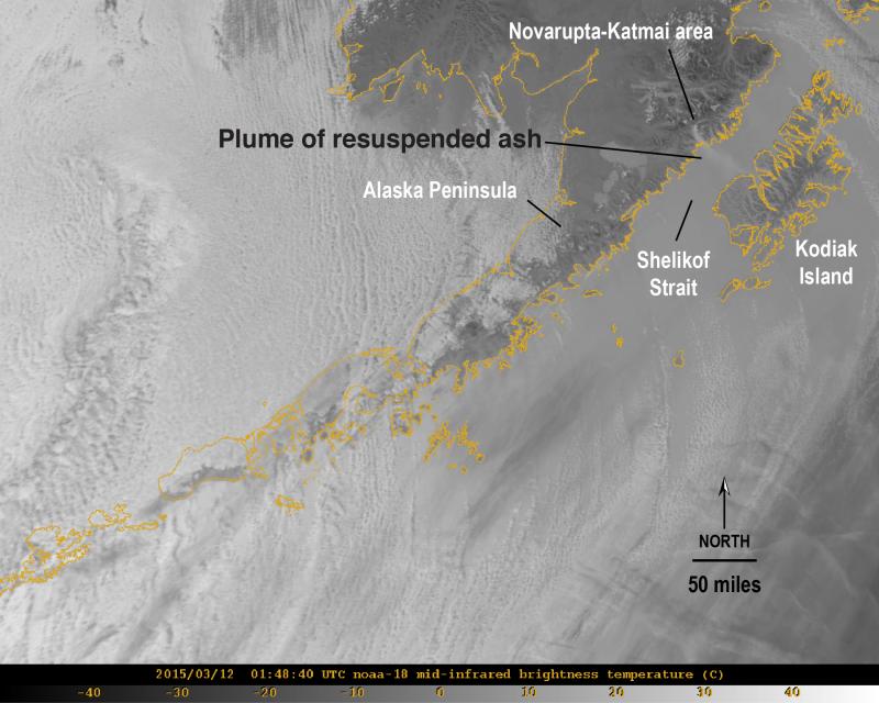 Satellite image showing resuspended ash from the Katmai 1912 eruption blowing southeast over Shelikof Strait on March 11, 2015. Satellite image from NOAA AVHRR satellite.