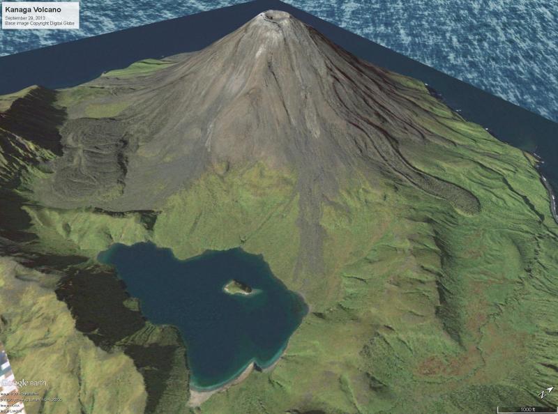 Worldview satellite image of Kanaga Volcano collected on September 29, 2013, overlain onto topography. Kanaga had a small and short-lived explosive event in February 2012, after which a fissure was observed near the summit crater.