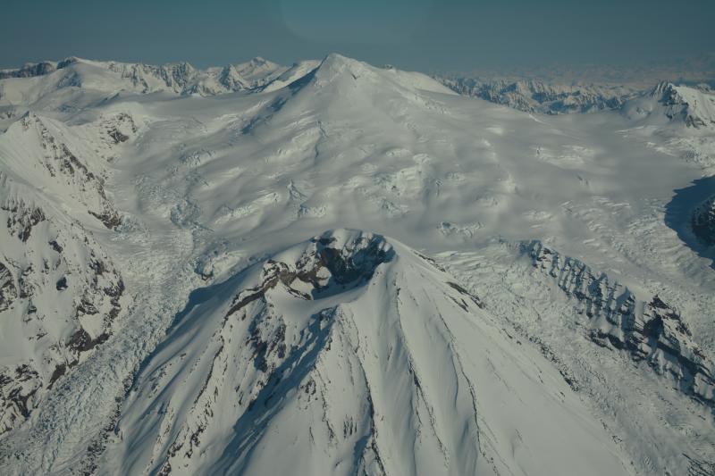 Aerial view to the north of Crater Peak, the historically active satellite vent, and the summit of Mt. Spurr volcano.