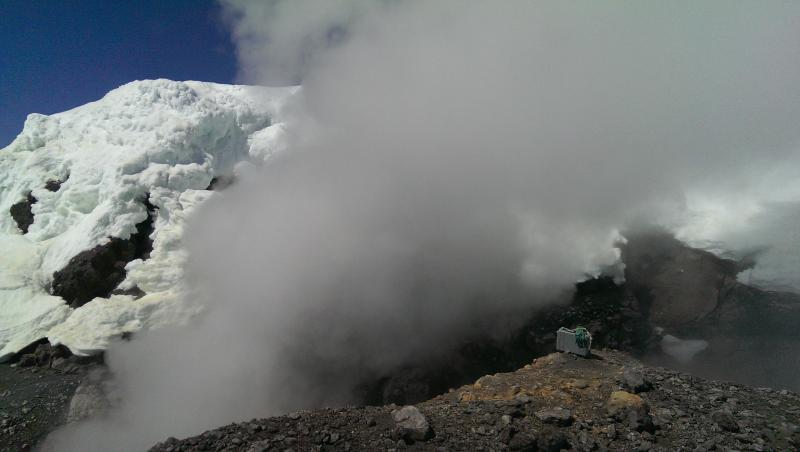 Gas measurement fieldwork on Augustine Volcano, June 7, 2015. MultiGAS placed on southeast side of fumarole where puffs of gas would drift by.