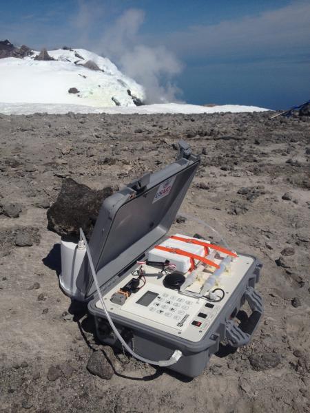 UV camera and MultiGAS measurements near the summit of Augustine, 14 June 2015.  USGS MultiGAS configured for soil CO2 flux measurements.