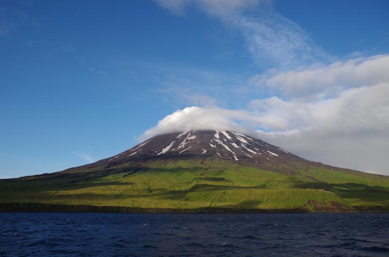 Carlisle Volcano, Central Aleutians. View from South-East. Photo taken during the 2015 field season of the Islands of Four Mountains multidisciplinary project, work funded by the National Science Foundation, the AVO/USGS, and the Keck Geology Consortium.