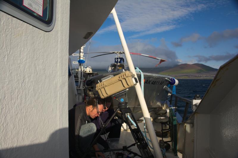 Christoph Kern and Cindy Werner running the UV camera from the deck of the Maritime Maid, anchored in Applegate Cove. Cleveland Volcano is out of the photo to the right.