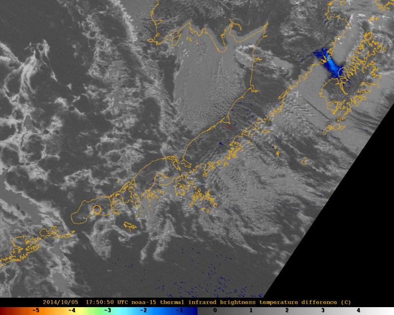 NOAA satellite image showing resuspended ash (blue area in the upper right) from the 1912 Novarupta eruption being carried southeast towards Kodiak Island. This plume of resuspended ash reached an estimated 4-6,000 ft ASL. 