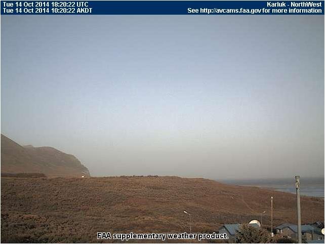 The FAA&#039;s NW Karluk webcam shows hazy conditions on October 14, 2014, created by resuspension of 1912 Novarupta ash.