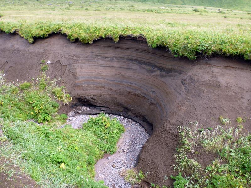 Tephra layers exposed in a gully near Fenner Creek, Semisopochnoi Island. 