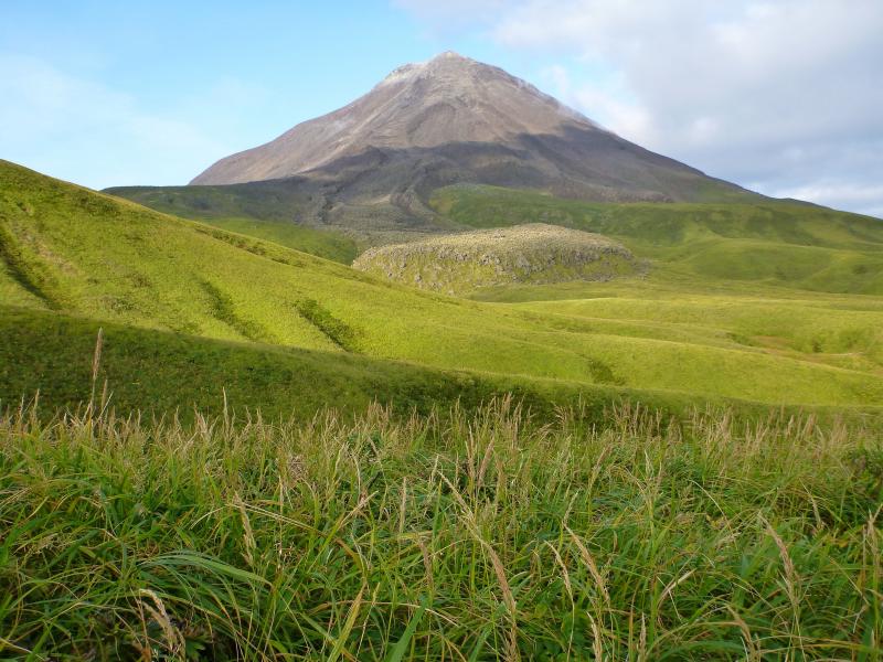 Kanaga Volcano, seen from the east, with blocky 1906 lava flow. Western Aleutian field work, September 2015.