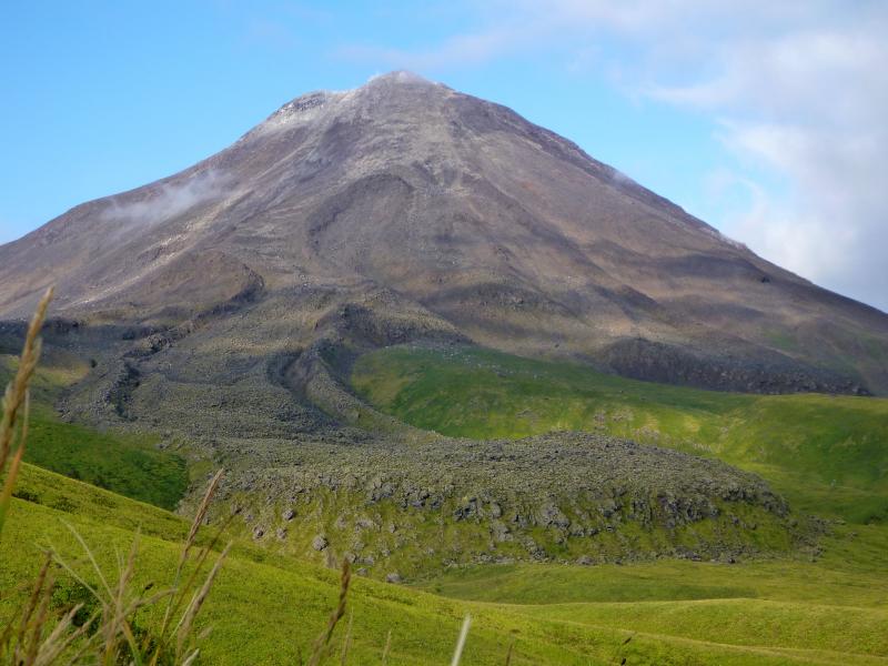 Kanaga Volcano, seen from the east, with blocky 1906 lava flow. Western Aleutian field work, September 2015.