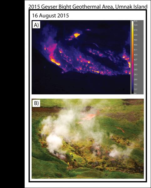 Images taken during the 2015 field season of the upper portion of the Geyser Bight geothermal area on Umnak Island, Alaska. These images were captured during geochemical sampling by Cindy Werner and Christoph Kern that was funded by the Deep Carbon Observatory. A) Forward looking infrared (FLIR) image of the upper-most geothermal area showing intense fumarolic activity and boiling and near-boiling springs. B) Photo of the same area as in A). The yellow-clad figures are gas geochemists Cindy Werner and Christoph Kern of the Cascades Volcano Observatory sampling gases and waters from the geothermal features.