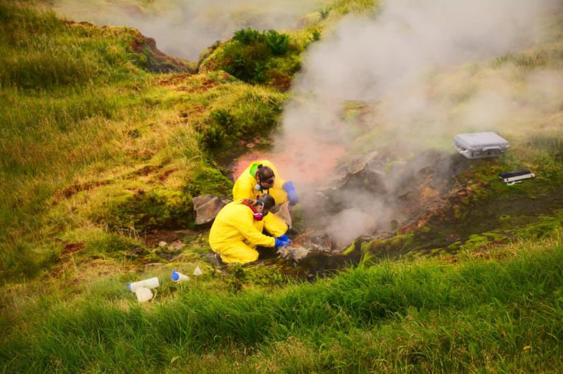 Cindy Werner and Christoph Kern sample gases and waters from the Geyser Bight geothermal area, Umnak Island. 2015 Western Aleutians AVO-USGS, NSF Geoprisms and Deep Carbon Observatory collaboration.
