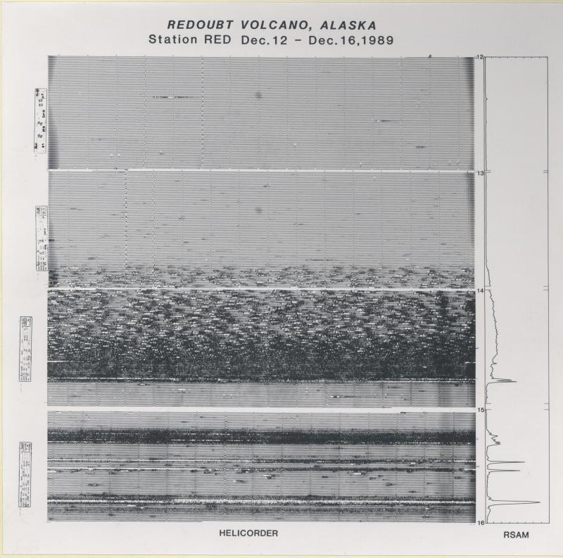 Helicorder record for Redoubt eruption between December 12 - 16, 1989. Eruption continued until June, 1990.