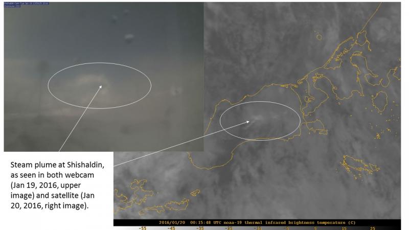 Shishaldin&#039;s steam plume, January 19-20, 2016, as seen in webcam (upper image) and satellite images (right image).