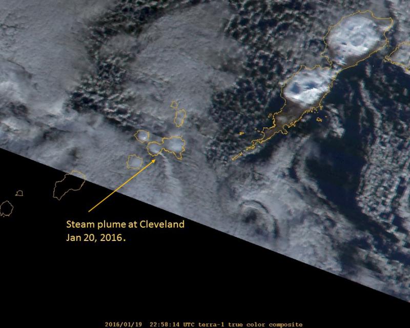 Steam plume at Cleveland volcano, January 19, 2016, as viewed with Terra satellite imagery.