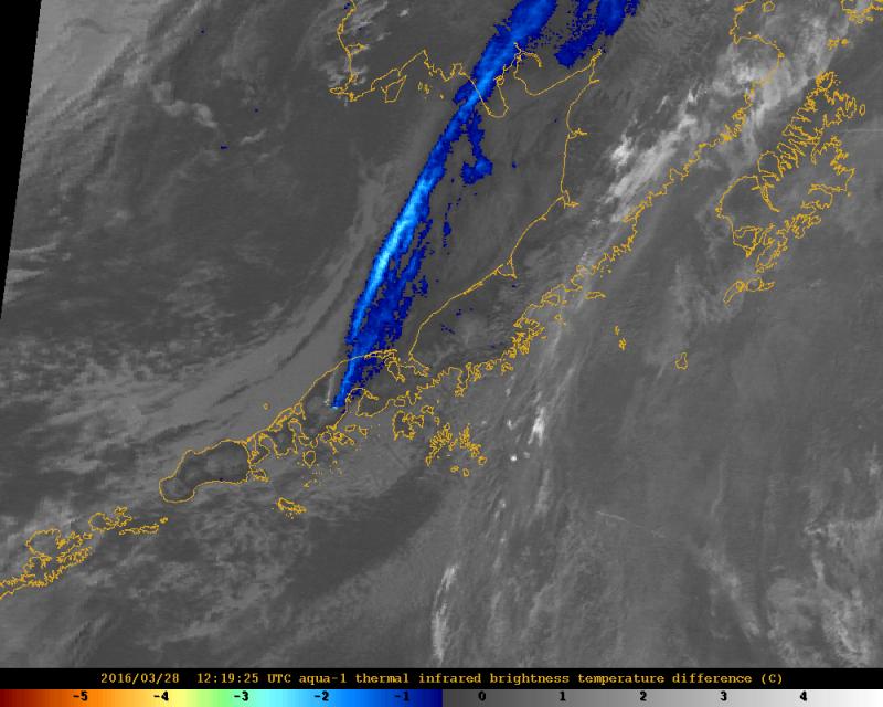Satellite image showing strong ash signal (blue) extending more than 500 km (300 mi), north-northeast from Pavlof, 4:19 am AKDT (12:19 UTC), March 28, 2016. Figure by Michelle Coombs, USGS/AVO, March 29, 2016. 
