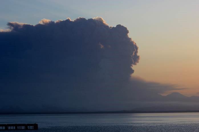 The eruption of Pavlof volcano, on the morning of March 28, 2016, as viewed from Cold Bay. Photo courtesy of Candace Schaack.