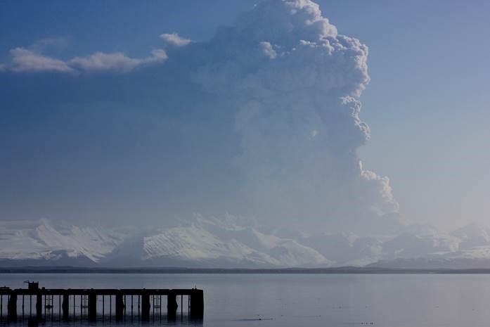 Pavlof eruption, as seen from Cold Bay on the morning of March 28, 2016. Photo courtesy of Candace Shaack.