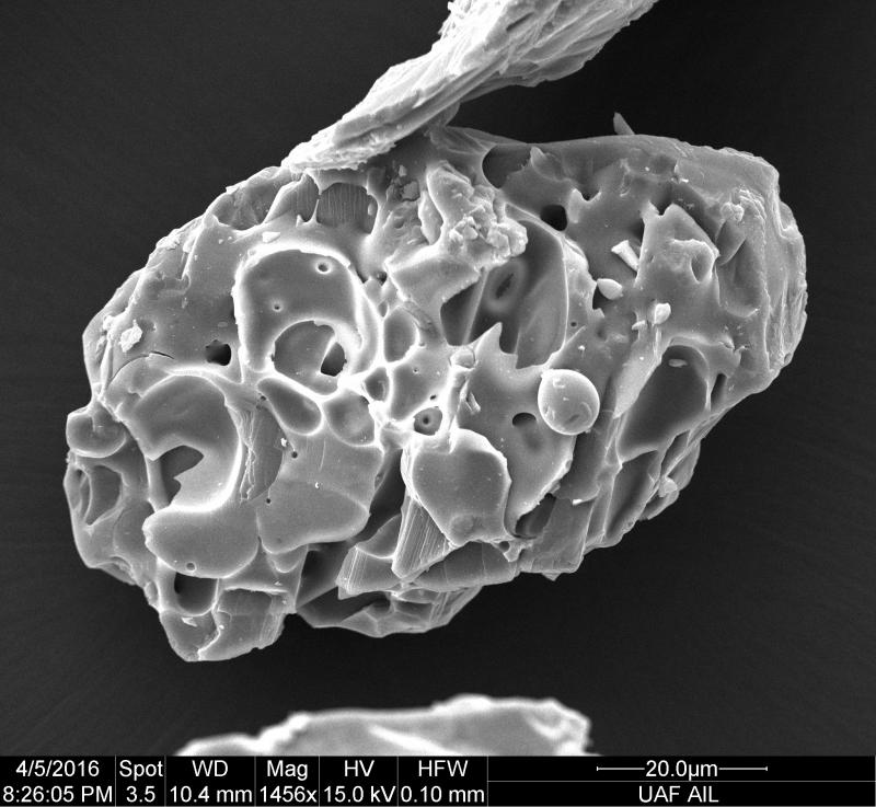 SEM image of a volcanic ash particle from the March 28, 2016 eruption of Pavlof Volcano. The sample was collected by Allan Brandell of Nelson Lagoon, Alaska.
