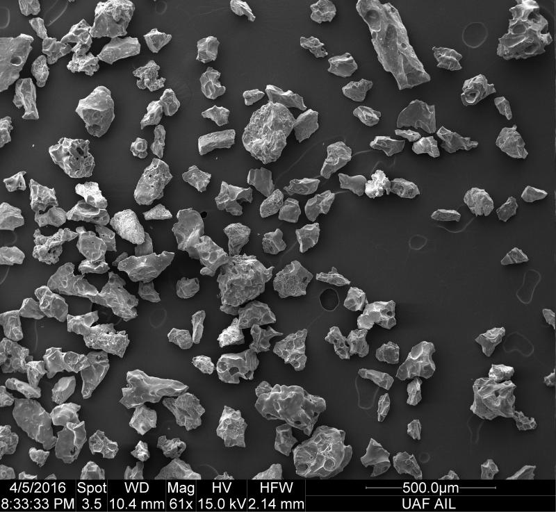 SEM image of volcanic ash from the March 28, 2016 eruption of Pavlof Volcano. The sample was collected by Allan Brandell of Nelson Lagoon, Alaska. The sample was cleaned in ultrasonic bath to remove fine ash particles and improve image quality.