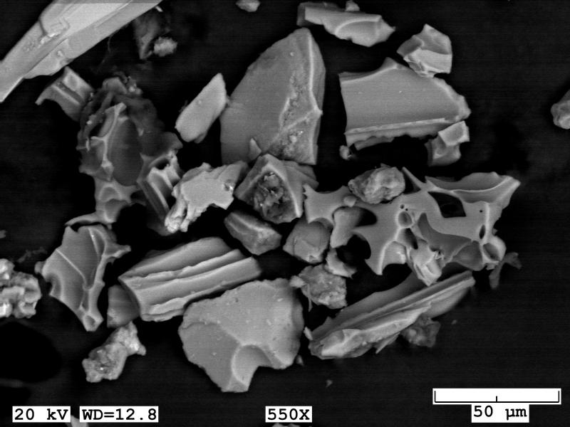 SEM image of resuspended volcanic ash from the 1912 Novarupta-Katmai deposits in the Katmai region, picked up during high winds on November 1, 2015 and carried to Larsen Bay on Kodiak Island, AK.  Sample collected by Sherry Harmes of Larsen Bay.