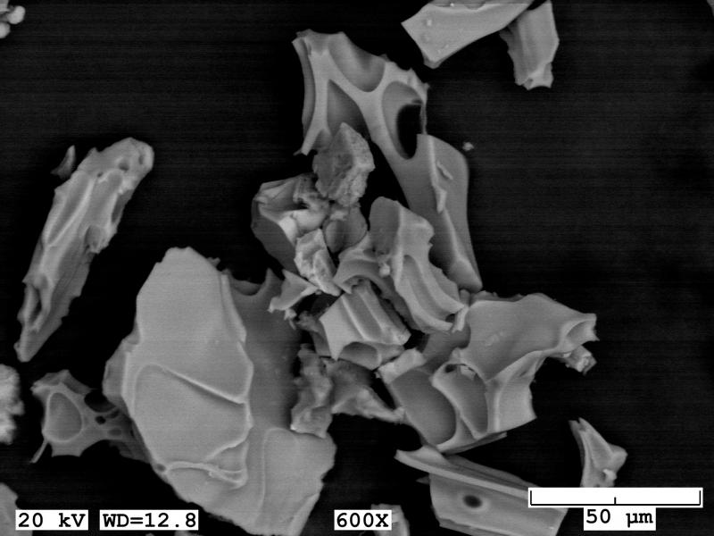 SEM image of resuspended volcanic ash from the 1912 Novarupta-Katmai deposits in the Katmai region, picked up during high winds on November 1, 2015 and carried to Larsen Bay on Kodiak Island, AK. Sample collected by Sherry Harmes of Larsen Bay.