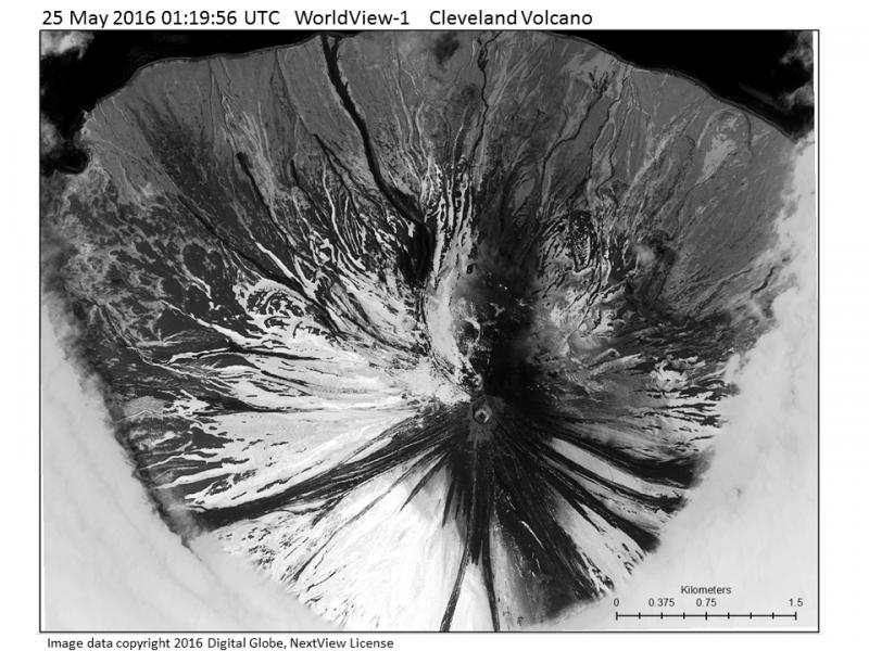 WorldView-1 satellite image from May 25, 2016, showing the recent eruptive deposits on Mount Cleveland&#039;s flanks, and the current lava dome within Cleveland&#039;s summit crater. Image created by Rick Wessels, USGS. Image data copyright 2016 Digital Globe, NextView License.