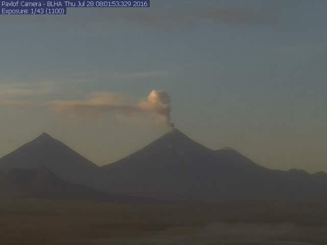 Steam-rich plume at Pavlof Volcano, July 28, 2016. Photo via AVO&#039;s Pavlof BLHA webcam: https://www.avo.alaska.edu/webcam/Pavlof_-_BLHA.php