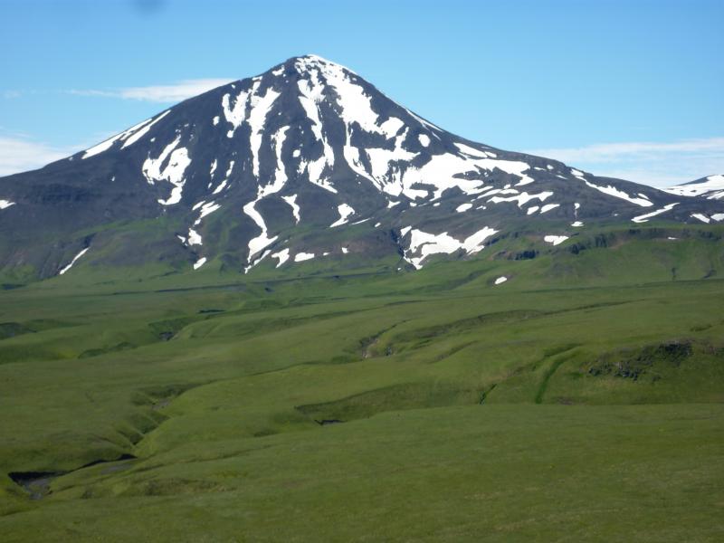 Mt. Tulik, a currently inactive Pleistocene vent on the east flank of Okmok volcano. View is to the west from the northeast shore of Umnak Island.