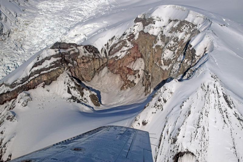 Aerial view into Crater Peak, the satellite vent of Mt. Spurr volcano, taken during the annual Cook Inlet volcanoes gas-measuring flight.  No sign of any activity.