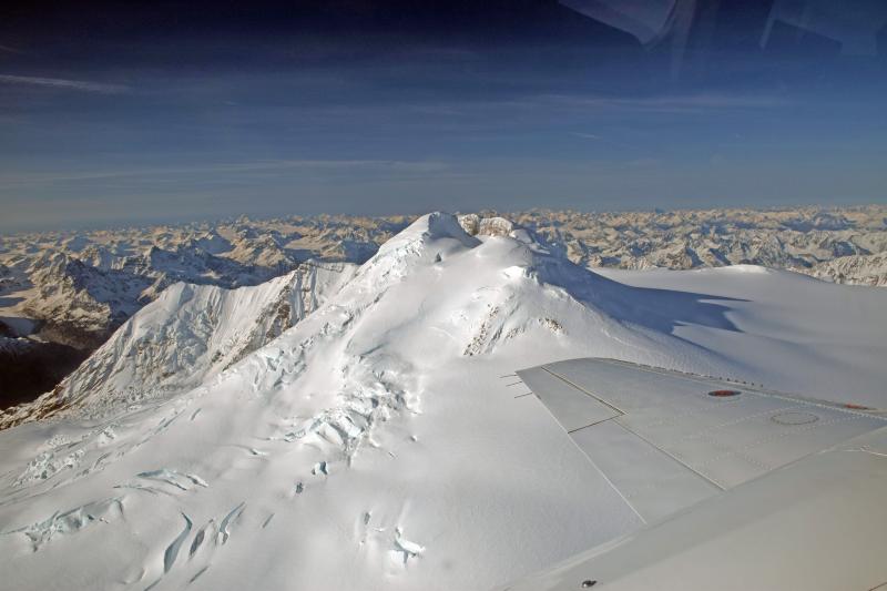Aerial view from the northwest of the summit crater of Mt. Spurr volcano.  Image was taken during the annual Cook Inlet volcanoes gas-measuring flight.