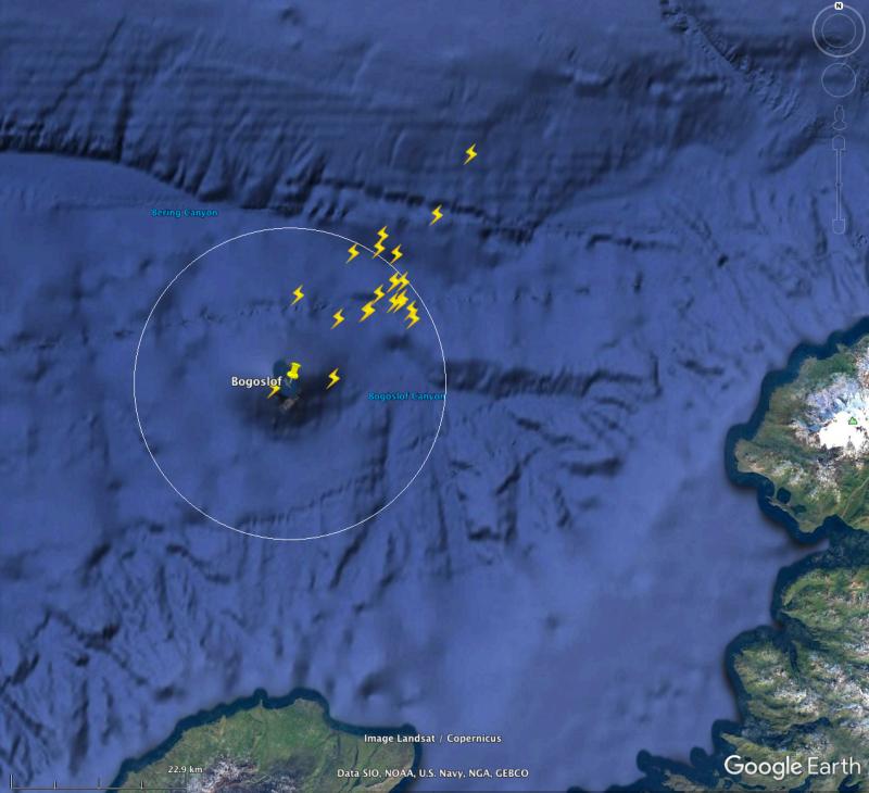 The World Wide Lightning Location Network (WWLLN) Volcanic Lightning Monitor detected 21 lightning strokes on Dec 19th 2016 from 15:49&ndash;16:34 UTC. Strokes indicated by lightning symbols; white circle shows a 20 km radius around Bogoslof.