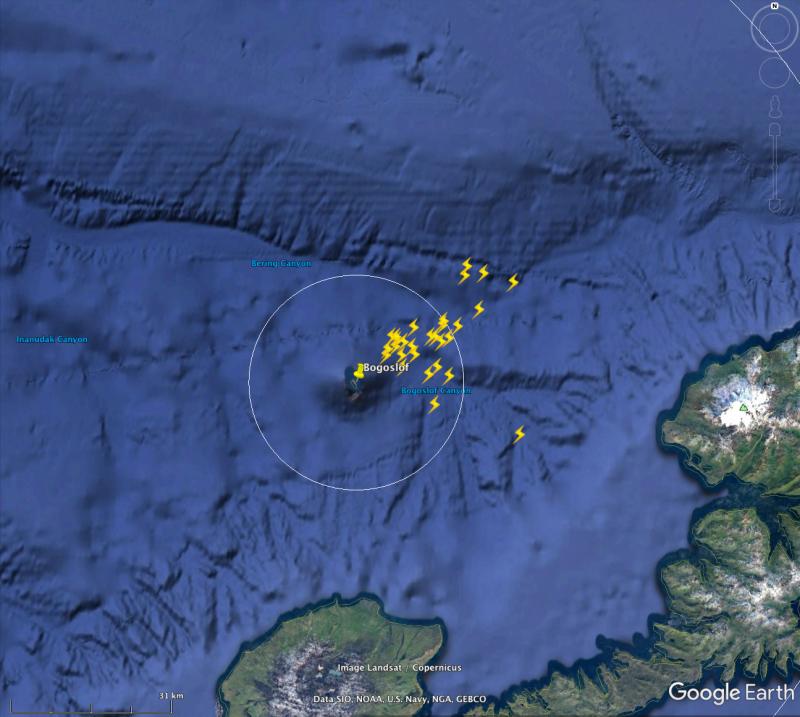 Volcanic lightning detected at Bogoslof by the Worldwide Lightning Location Network (WWLLN). The network detected 27 strokes associated with the eruption on Dec 26th 2016 from about 23:35&ndash;23:56 UTC (2:35-2:56pm local time), drifting in a northeasterly direction. White circle shows a 20 km radius around Bogoslof.