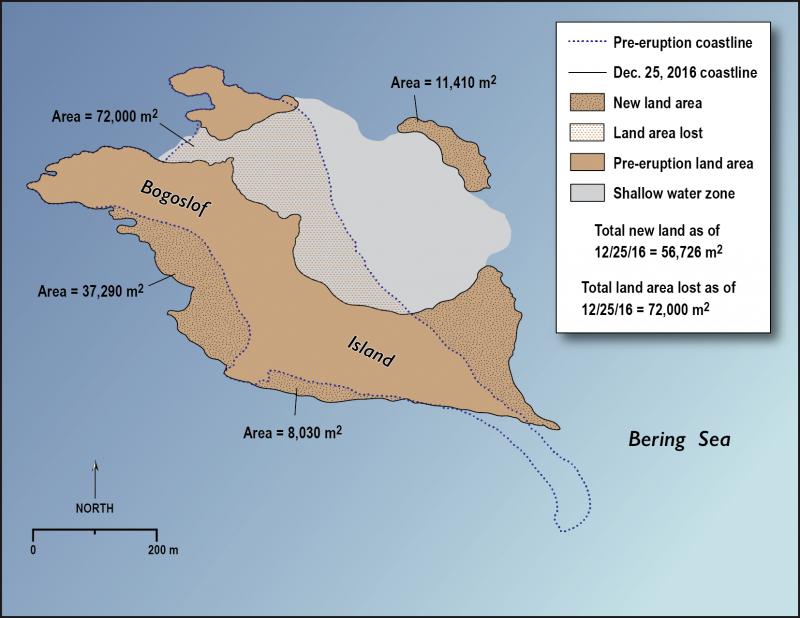 Map of Bogoslof Island showing changes in surface configuration as of Dec. 25, 2016. These changes are the result of the December 2016 eruptive activity. The map shows areas where new land area was generated by the emplacement of eruptive products, most likely volcanic ash, and areas of Bogoslof Island removed by the eruption. Worldview 3 satellite images obtained on March 19, 2015, and December 25, 2016 were used to make this map. 