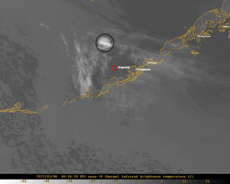 Thermal infrared satellite image collected at 3:36 pm AKST (00:36 UTC on 6 January) showing the volcanic cloud (within the black circle) from the eruption of Bogoslof volcano at  1:24 pm AKST (22:24 UTC). This cloud is likely composed of a mixture of volcanic ash particles (rock, minerals and glass fragments), ice, and volcanic gases such as sulfur dioxide. The estimated cloud altitude is about 30 to 35,000 ft (9.1 to 10.7 km) above sea level.  
