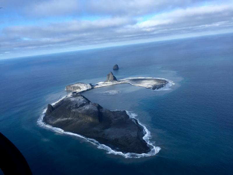 Photo of Bogoslof Island taken by Dan Leary of Maritime Helicopters on 10 January 2017. View is to the north and an upwelling can be seen near the center of the southeast facing bay, possibly marking the approximate location of the shallow submarine vent. 