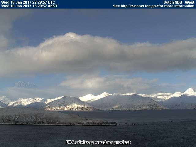 Bogoslof's 18 January 2017 eruption plume, taken at 1:29 pm AKST, visible from FAA's west-facing webcam in Dutch Harbor. 