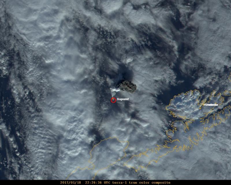 True color satellite image from 1:26 AKST (22:26 UTC) on 18 January 2017 showing the volcanic ash cloud from Bogoslof volcano. The altitude of the cloud was reported by pilots at greater than 31,000 ft above sea level.