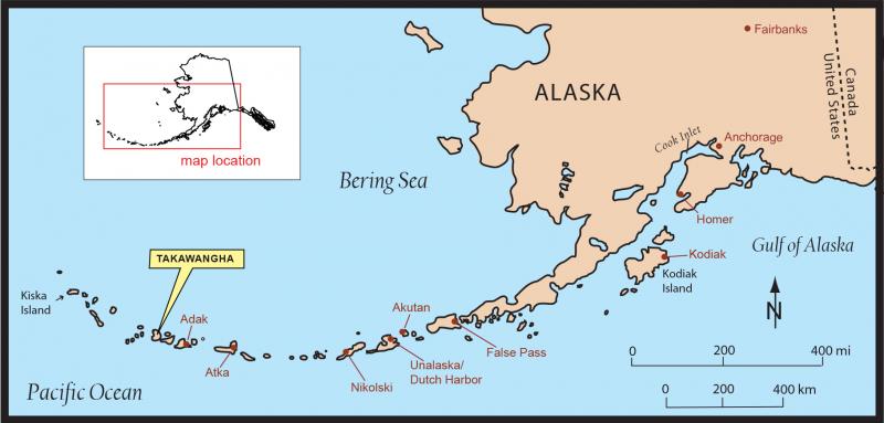 Index map showing the location of Takawangha volcano, Alaska.