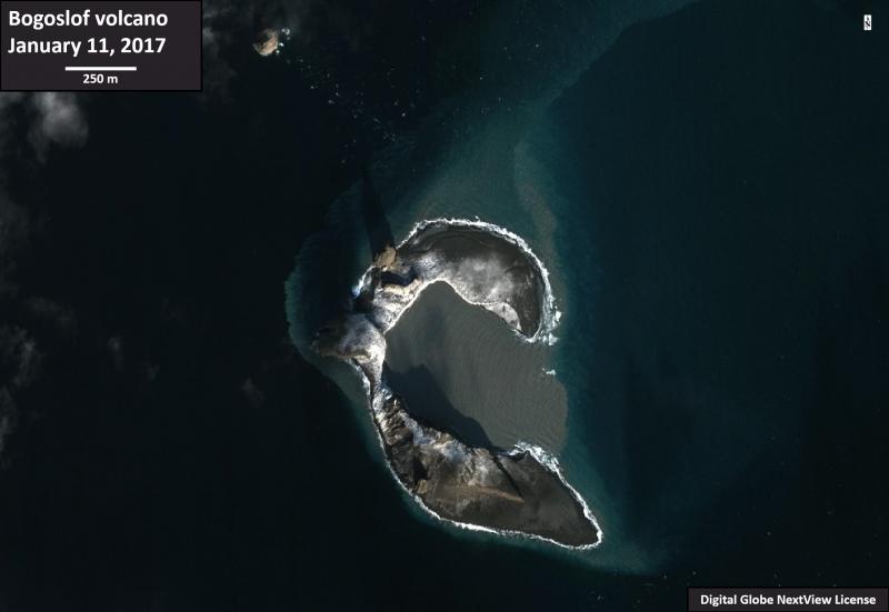 Worldview-2 satellite image of Bogoslof volcano collected on January 11, 2017. The vent for the numerous explosions is located underwater in the bay. Discoloration in the water is due to suspended sediment.