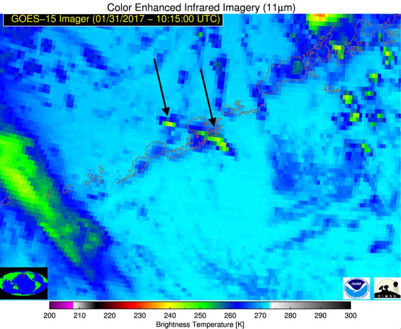 Eruption plume (marked with black arrows) from Bogoslof volcano, 01:15 am 31 Jan 2017 AKST (10:15 am 31 Jan 2017 UTC), as seen in GOES-15 infrared imagery.